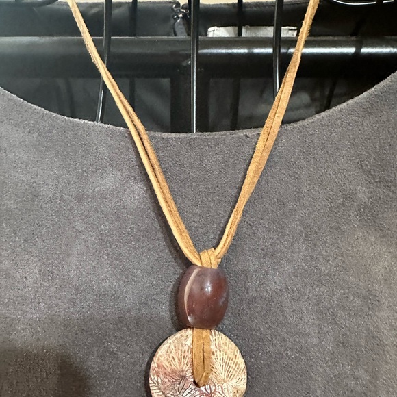 Coral Fossil “Dragon Bone” Donut Pendant and Ocean Jasper Bead on Suede Rope - Picture 11 of 13
